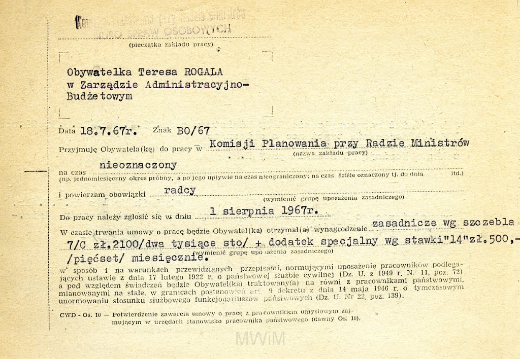 KKE 5835a.jpg - Dok. Zmiania umowy wystawiona przez Komisje Planowania przy Radzie Ministrów dla Teresy Rogala. Zmiany dotyczy stawek i czasu przyjęcia do pracy, Warszawa, 9 IV 1965 r.